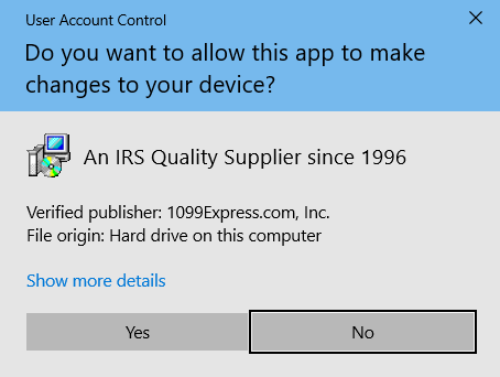 Windows 10 User Account Control for 1099express
